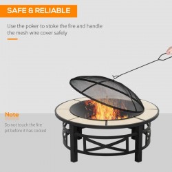 Outdoor Large Metal Fire Pit with Grill, Spark Screen Cover & Fire Poker (Black)