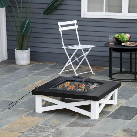 Outdoor Square Garden Fire Pit Table c/w Grill Shelf, Poker & Mesh Cover 3